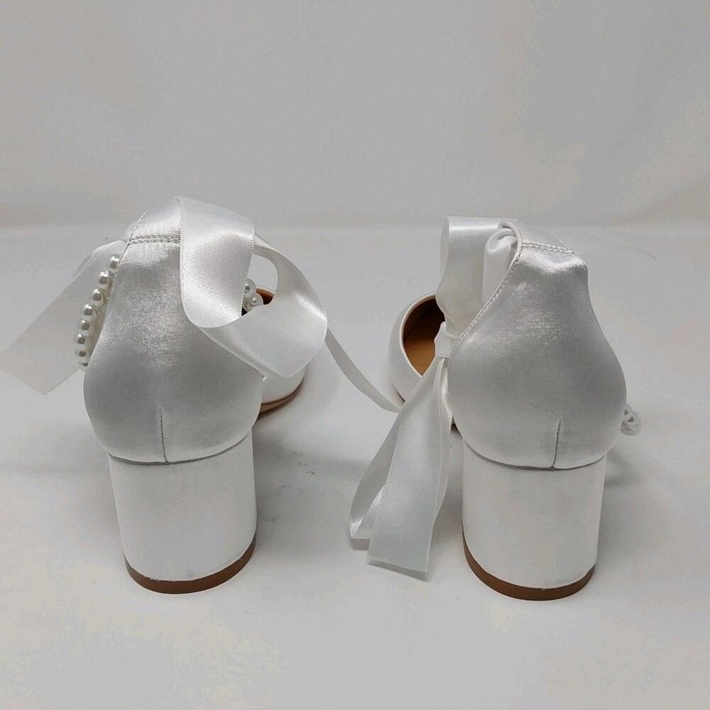 White Satin Bridal Pearl Ankle Strap Block Heel Wedding Pumps Women’s Size 8.5 - Picture 4 of 15